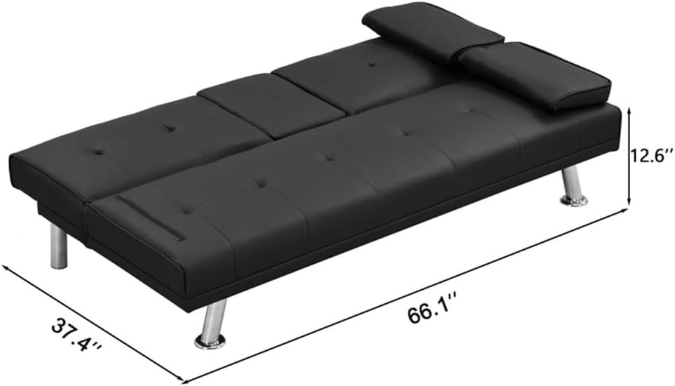 Sofa Bed with Armrest Two Holders Wood Frame, Stainless Leg, Futon Black PVC(Black)