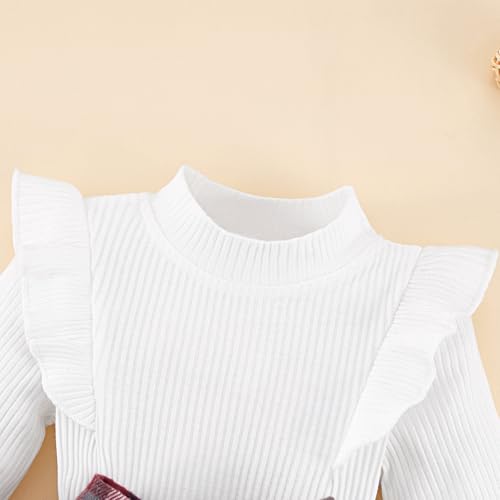 Image of Weixinbuy Toddler Girl Fall Winter Clothes Solid Long Sleeve Ribbed T-Shirt Knit Tops Plaid Button Mini Skirts Set Outfits