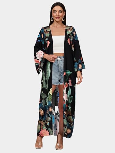 Swimsuit Coverups for Women Long Kimonos Robes Peocock Flower Printed Boho Beach Cover Ups Summer Holiday Sarong Wraps2
