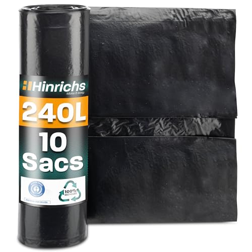 Hinrichs Lot de 10 sacs poubelle extra résistants – 240 L – XXL – 100 x 125 cm – PEBD – Idéal pour déchets ménagers, jardin, commerce, chantier