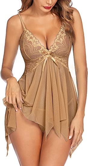 Loom Bloom Women Sexy Babydoll Lingerie Teddy Chemise Nightwear | Deep V-Neck Lace Nighty with Mesh Skirt | Floral Stretch Lace Night Dress (Free Size)
