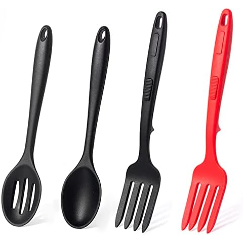 4 PCS Silicone Fork Cooking Spoons Slotted Spoons Silicone Flexible Fork Silicone Nonstick Mixing Spoon Large Nonstick Heat Resistant Cooking Utensils for Kitchen Cooking Bake Stir Draining Tool Cover