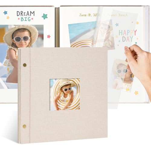 Remowith 10x10 Inch Linen Self Adhesive Photo Album with Window 20 Pages Scrapbook for Wedding Memories & Family Keepsakes Classic Beige Fits 2x3 4x6 5x7 Photos