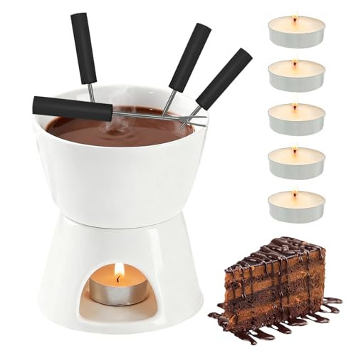 Dongcill Service à Fondue Au Chocolat,Tasses à Fondue Au Chocolat,Bol en Céramique avec 4 Fourchettes et 5 Bougies Chauffe-Plat - Fondoir pour Chocolats et Fromage - Fondue en Céramique