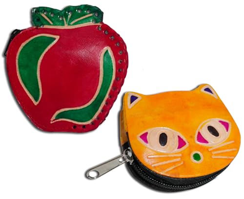 Leather Coin Pouch Mini Purse Wallet Bag with Zipper Multipurpose Christmas Gift for Women Girls (Red Apple & yellow Cat Face)