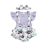 Kuriozud Cute Newborn Baby Girl Summer Romper Floral Clothes Ruffle Fly Sleeve Bodysuit Bowknot Playsuit Headband Outfits(flower purple,0-3 Months)