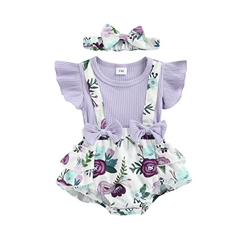 Image of Douhoow 0-18M Newborn Baby Girls Outfit Infant Summer Fly Sleeve Floral Bow Romper +Headband 2pcs /Set