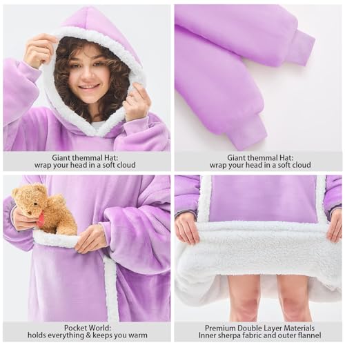 JOYWOO Purple Oversized Wearable Blanket Hoodie, Cat lovers Long Hoodie Blanket for Adult,Birthday Gifts for Women Men Mom,Cozy Fuzzy Sherpa Fleece Hooded Blanket Giant Pocket Gifts,Purple Oversize
