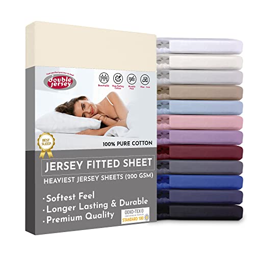 Double Jersey - Lenzuolo Sotto con Angoli Elasticizzati 100% Jersey in Cotone -Lenzuola Tessuto Molto Morbido - Letto Extra Largo - profondità 30cm - King 200x200+30 - Bianco Crema Cover