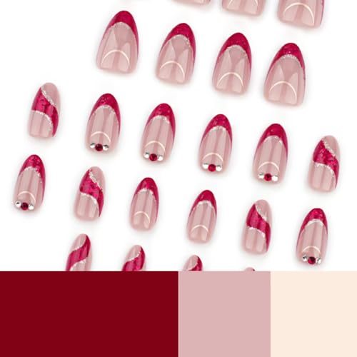 Image of Red French Tip Press on Nails Gold Line Fake Nails with Rhinestone Design Nude Glue on Nails Glossy Artificial Acrylic Full Cover Glitter Stick on Nails Short Almond False Nails for Women Manicure