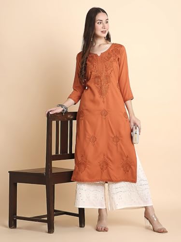 Image of RATAN Rayon Straight Lucknowi Chikankari Ethnic Wear Kurta for Women