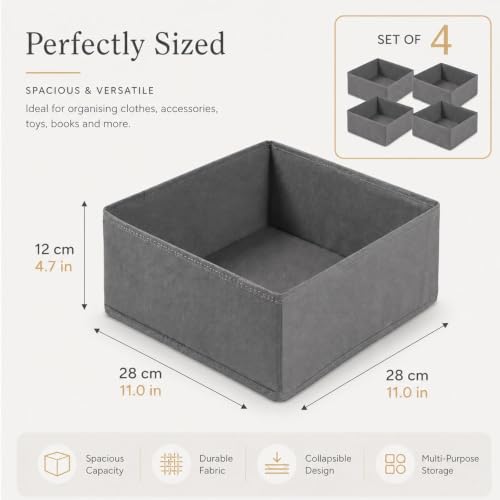 4 Pack Foldable Fabric Drawer Organiser, Large Clothes Drawer Organisers, Wardrobe Storage Boxes for Underwear, Bras, Scarves, Cosmetics, Closet Bedroom Shelves, Grey - Image 2