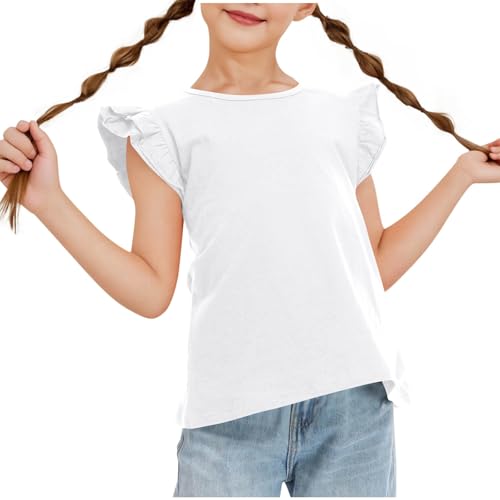 Girls Tiered Ruffles Sleeve T Shirts Solid Cute Summer Casual Tshirts Tops Kids Crew Neck Soft Comfy Tees Outfits