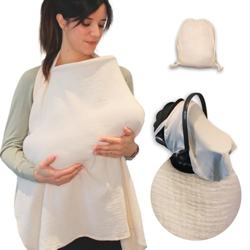 Image of Kidymom Muslin Cotton Nursing Cover – Breathable & Soft with Removable Hoop, Arch Neckline for Easy Breastfeeding, Versatile Cover for Nursing, Stroller & Car Seat (Vanilla)