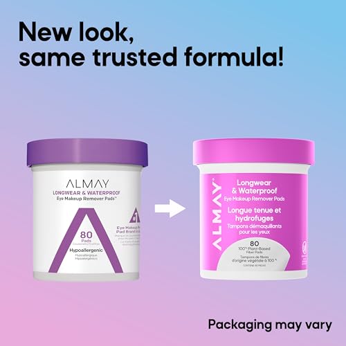 Image of Almay Longwear & Waterproof Eye Makeup Remover Pads, 80 Count | Gentle eye makeup remover pads that dissolve longwear and waterproof makeup without irritation. Hypoallergenic.