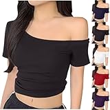 Off The Shoulder Crop Tops for Women Loose Summer Sexy Short Sleeve Cut Out Shirt Club wear Dressy Cute Blouse Black