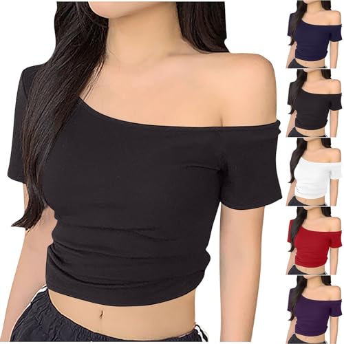 Off The Shoulder Crop Tops for Women 2025 Summer Sexy Short Sleeves Shirts Solid Y2K Blouse Workout Going Out Tshirts Black