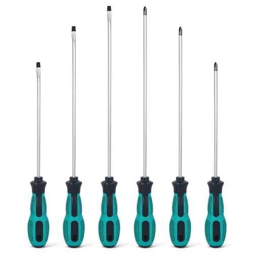 Hikrxya 6pcs Professional Long Reach Screwdriver Set 3 Flat + 3 Cross Heads with Extra Long Reach Magnetic Tips Phillips Slotted Screwdrivers & Soft Grip Handles (3 Sizes)