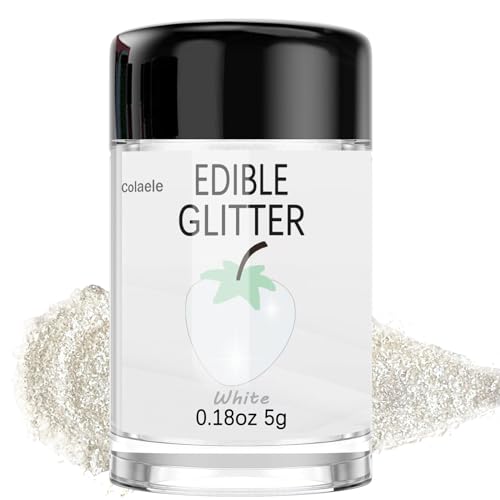 White Edible Glitter Glimmer Powder for Cakes Drinks - Colaele 5 grams Food-Grade Luster Dust Metallic Food Decorating Sprinkle Glimmery Brew Dust for Baking Dessert Chocolates Decorations, Vegan