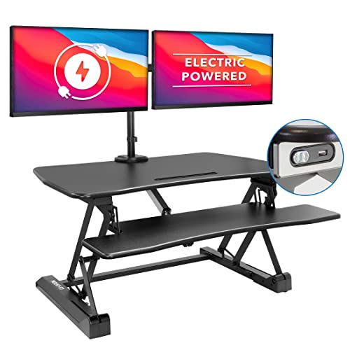 Mount-It! Electric Stand Up Desk Converter with Dual Monitor Arm, Motorized Standing Desk Riser with Monitor Mount for 2 Screens max 32", Desktop Standing Desk with Keyboard Tray, USB Charging, Black -  MI-8053