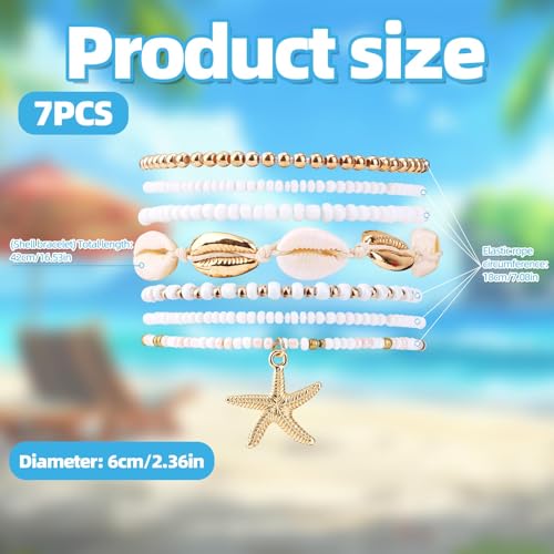 7pcs Summer Beach Bracelets for Women, Stackable Shell Seashell Starfish Beaded Surfer Bracelets Set Boho Seaside Holiday Vacation Party Friendship Jewelry Gift2