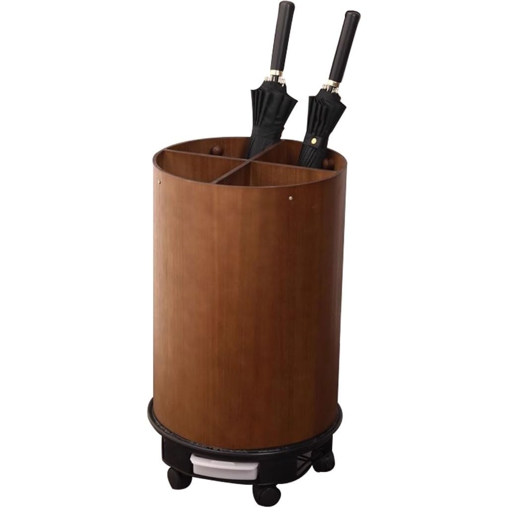 SBJKLYRN umbrella stand, Indoor Round Wooden Umbrella Stand, Movable Household, With Hook And Drain Tray(B)