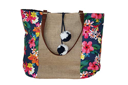 Euskal Txapela Sacs de Plage - Paniers Fleurs en Toile avec Pompon (Pompon Blanc) Cover