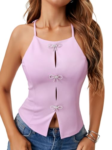 Vrtige Women's Cut Out Bow Halter Tank Tops Keyhole Y2k Summer Sleeveless Cute Crop Top