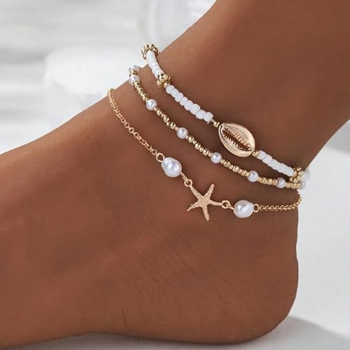 Image of Anklets for Women Fancy, Stylish Payal for Woman, Layered Shell and Starfish Pearl Beaded Anklet Set, Adjustable Beach Jewellery for Girls, Boho Accessories for Summer Festivals
