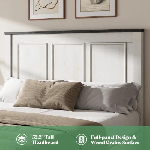 Image of AMERLIFE 52.2 inch Full Size Farmhouse Bed Frame with Headboard, Rustic White