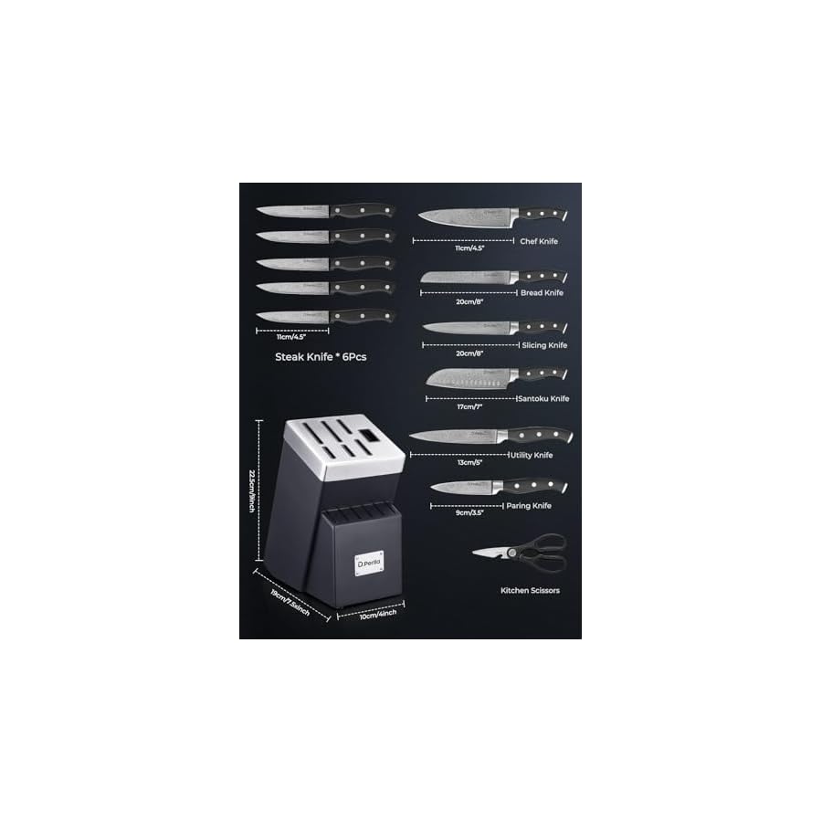 Knife Set, D.Perlla Kitchen Knife Set with Advanced Self-Sharpening Technology, 14 Piece Waved Texture Knife Set with Block, High Carbon Stainless Steel Knife Block Set, Razor-Sharp, Full Tang Handle