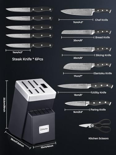 D.Perlla Kitchen Knife Set with Advanced Self-Sharpening Technology, 14-Piece Waved Texture Knife Set with Block, Stainless Steel Kitchen Knives, Razor-Sharp Knives and Full Tang Handle - Image 4