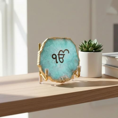 Image of Ik Onkar Metal Agate Holder | Turquoise Agate Stone | Spiritual Home Decor | Temple & Pooja Room Accent | Positive Energy Symbol | Corporate Gift Item