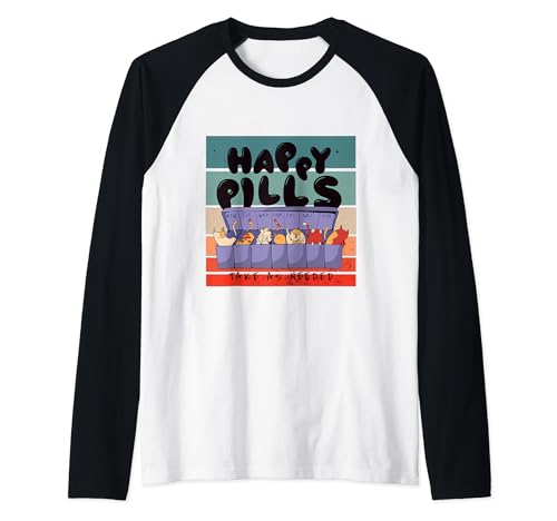 Pastillas felices humor de gato organizador de pastillas Camiseta Manga Raglan