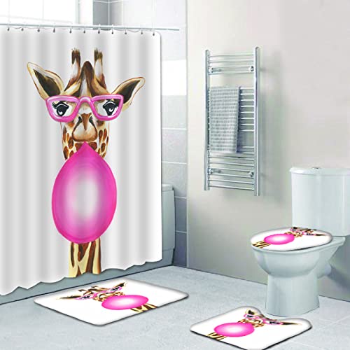 Duschvorhang Rosa Braun Tier Badezimmerteppich 4-Teiliges Set, Duschvorhang 180x180 Polyester+Badematte rutschfeste…