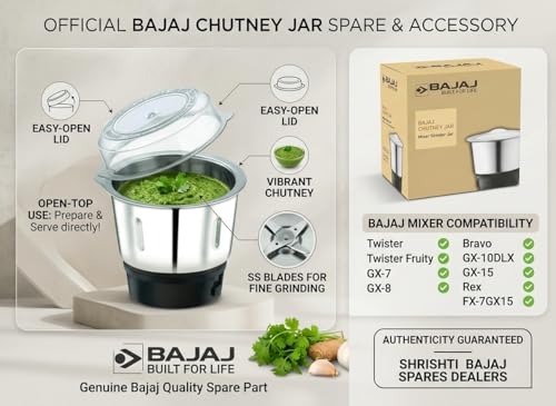 Image of Bajaj Original Chutney Jar 400ml, Stainless Steel Mixer Grinder Spare Jar with Lid, Compatible with Twister, Fruity, GX-7, GX-8, Bravo, GX-10DLX, GX-15, Rex, FX-7 Models