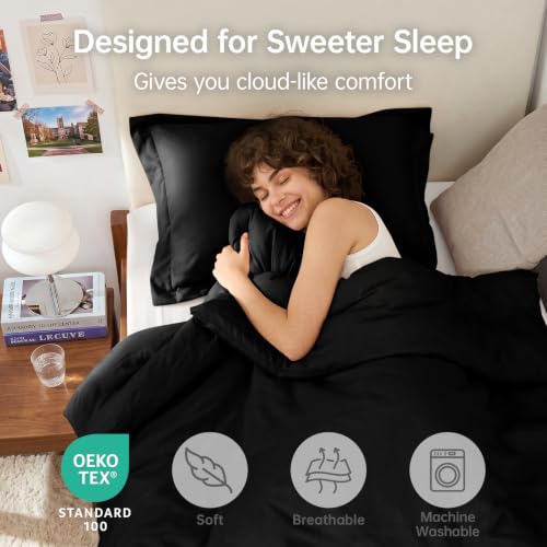 Image of MUXHOMO Black Twin /Twin XL Comforter Set, All Season Ultra Soft Down Alternative Bedding - 3 Piece Lightweight Bed Set Includes 1 Comforter (68 inchx88 inch) and 1 Pillow Shams (20 inchx26 inch)