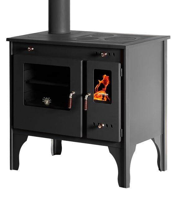 Prometee Retro Eco piec na drewno 7 kW z żeliwną płytą grzejną i piekarnikiem po lewej stronie, klasa energetyczna A Plus, ogrzewanie piekarnik