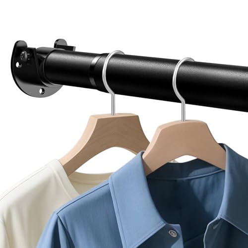 fruui Closet Rod 17-84 IN, Heavy Duty Closet Rods for Hanging Clothes, Adjustable Closet Rods for Wardrobes Storage Laundry RV Bathroom, Easy Install, Black