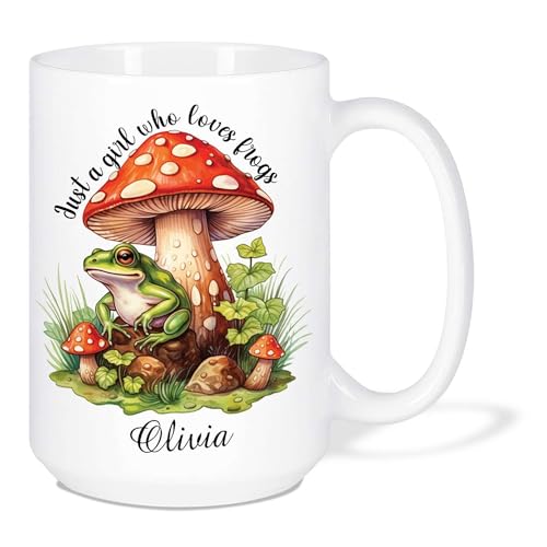 Frog Lover's Gift For Girl, Customized Frog Under Big Mushroom Tea Cups, Personalized Name Just A Girl Who Loves Frogs White Mugs, Frog Present For Natural Lovers, Animal Travel Mugs