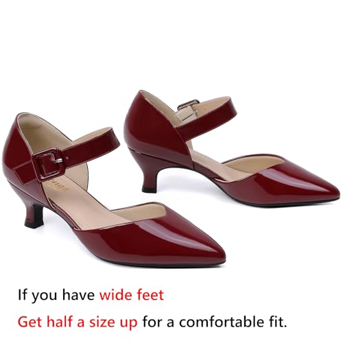 Image of RIBONGZ Comfortable Kitten Heels for Women Pointed Closed Toe Ankle Strap Buckle Heels Slip on Low Heel Church Pumps Wedding Bridal Party Dressy Shoes