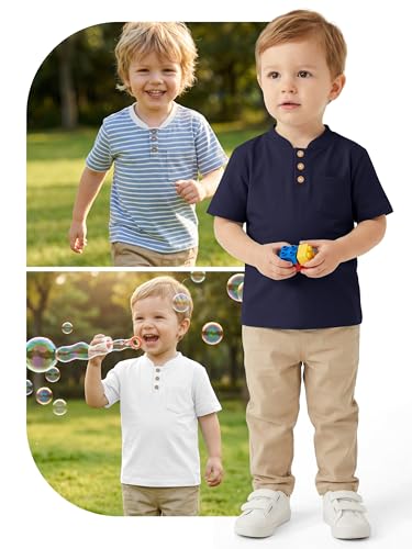 Image of Poroka 4 Pack Baby Boys and Toddlers Cotton Short-Sleeve T-Shirts Pocket Button Crew Neck Tee Short-Sleeve Shirts