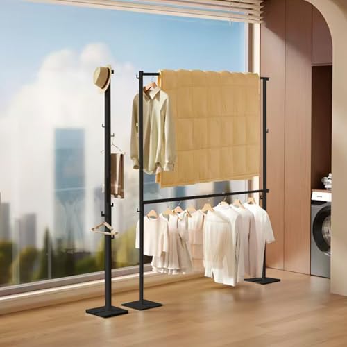 ママ倉 室内物干し 折り畳み 組み立て簡単 二段 横棒長さ自由調整 W101~172×D25×H190cm 洗濯物干し 室内物干しスタンド 物干し竿 ブラック