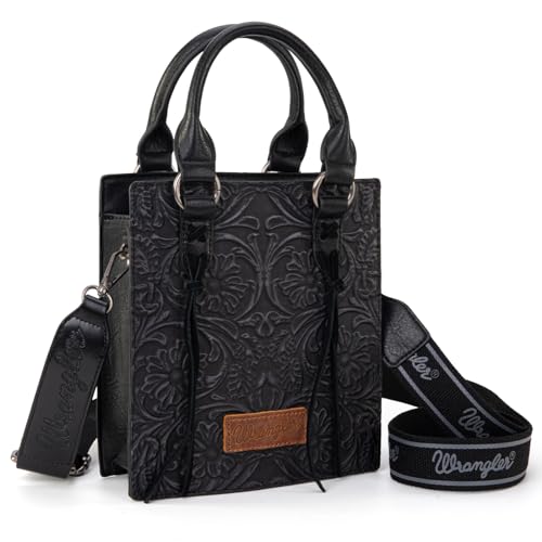 Wrangler Embossed Crossbody Purse for Women Top Handle Fringe Handbags and Western Mini Tote