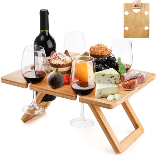 Youeon Portable Wine Picnic Table with 5 Wine Glasses Holder, Foldable Champagne Picnic Snack Table, Wine and Cheese Table for Picnic, Camping, Park, Beach, Wine Lover Gift
