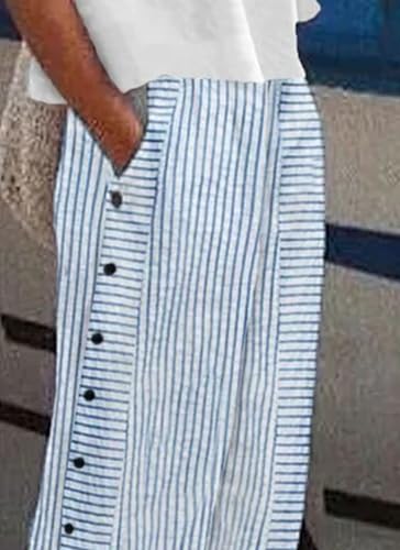 Women's Casual Loose Fit Striped Pants Wide-Leg Style with Side Buttons and Pockets3