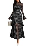 GothDark Womens Elegant Maxi Dress Polka Dot Sheer Mesh Bell Sleeve Tiered Ruffle Gothic Romantic Casual Long Dresses