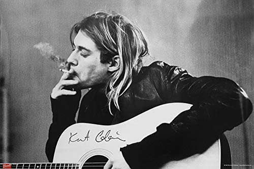 Poster de Nirvana Kurt Cobain fumer et guitare (91,5 cm x 61 cm) + un poster surprise.