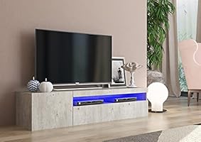 Dmora Wohnzimmer-TV-Ständer, Made in Italy, 2-türiger TV-Ständer, Wohnzimmer-TV-Ständer, 150x40h37 cm, Zementfarbe, mit blauem LED-Licht