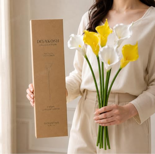 Image of Divyakosh 5 White + 5 Yellow Calla Lily Flowers, Artificial Calla Lily Flowers Bunch for Home Decor, Decorative Flowers for Vase (VASE NOT Included), Artificial Flower for Decoration, Living Room
